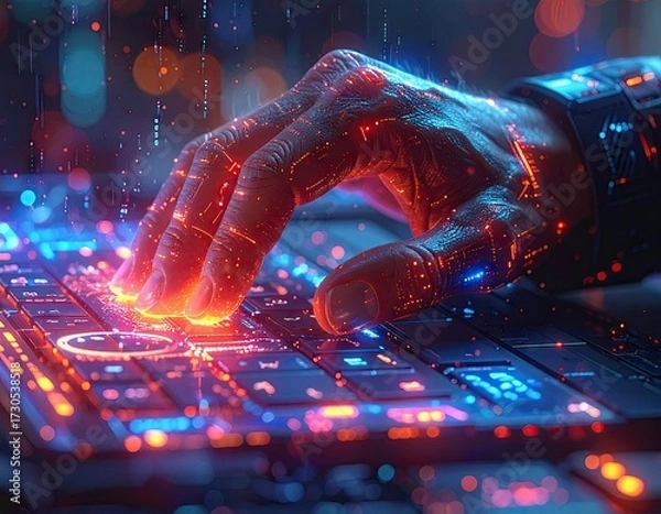 Fototapeta Glowing Hand Typing on Futuristic Keyboard