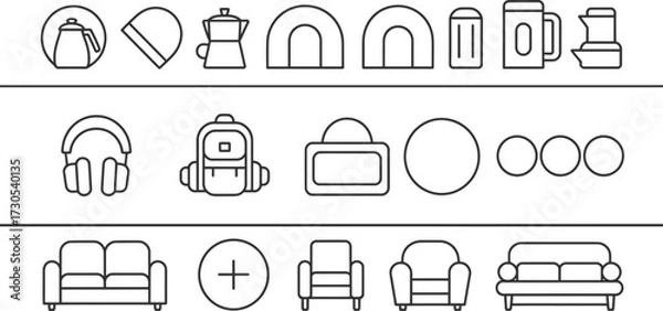 Fototapeta Household Objects Vector Icons Set – Sofa, Headphones, Backpack, Coffee Maker Line Art Illustration