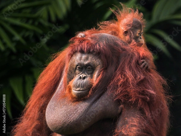 Fototapeta Baby Bornean Orang Utan hugging mother with affection and love while playing outdoor.