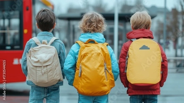 Fototapeta three children standing side by side, waiting for a bus. Their backs are turned towards the viewer, allowing a clear view of their outfits and backpacks. The background features a red bus