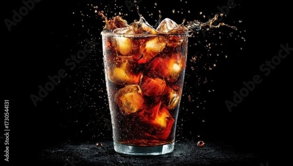 Fototapeta Refreshing Cold Beverage with Ice Cubes Splashing in Dark Background