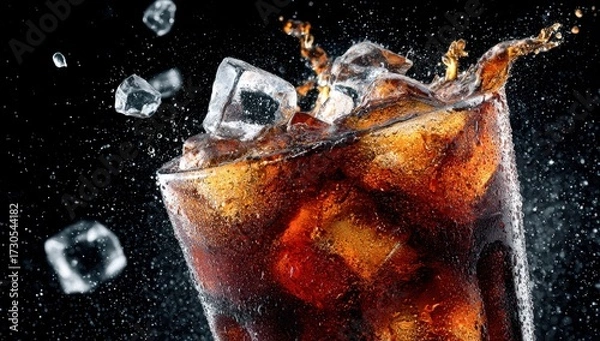 Fototapeta Refreshing Cold Beverage with Ice Cubes Splashing in Dark Background