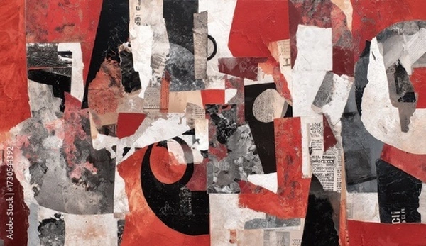 Fototapeta Abstract Collage in Red and Black with Newspaper and Text Elements