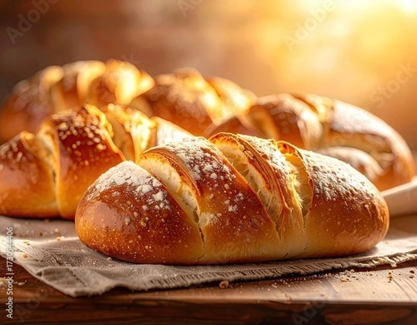 Fototapeta Golden Brown Crusty Breads on Rustic Table