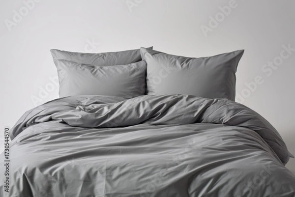 Fototapeta Cozy Grey Bedding Set with Plush Pillows in Minimalist Decor