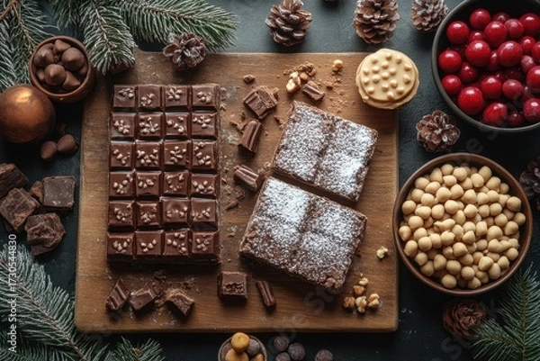 Fototapeta Christmas chocolates and nuts arranged beautifully on a cutting board.