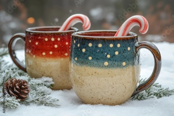 Fototapeta mugs adorned with candy canes and candy canes next to them.