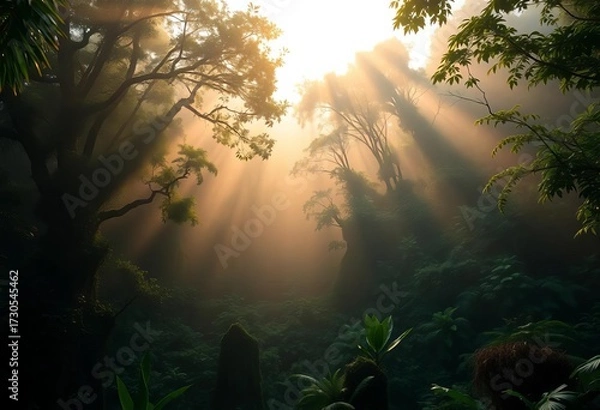Fototapeta Misty rainforest at dawn, sunlight filtering through dense canopy, atmosphere, mist