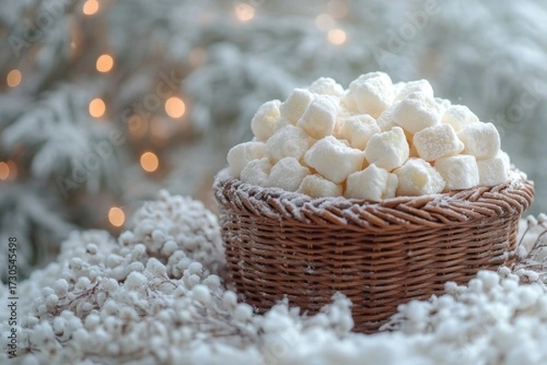 Fototapeta Basket full of marshmallows in the snow.