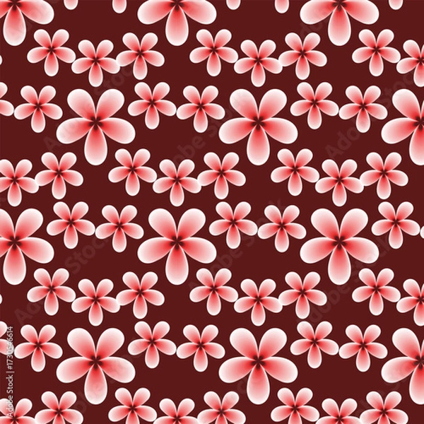 Fototapeta Seamless pattern of stylized pink flowers with five petals on a dark maroon colored background design