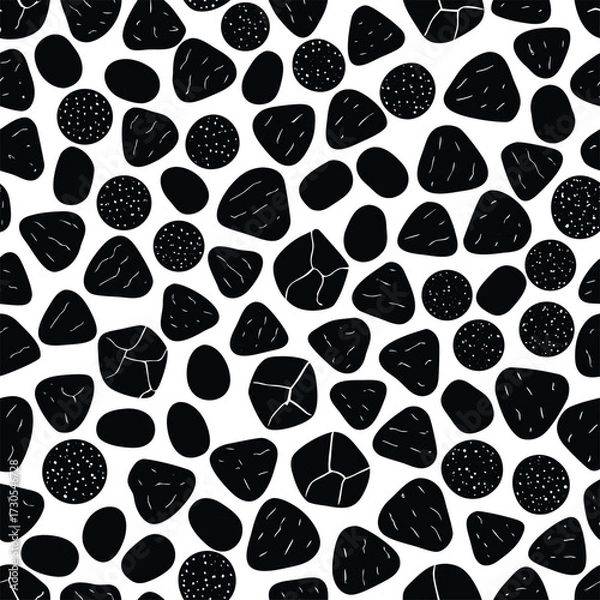 Fototapeta A seamless vector pattern with a set of black and white paw print icons and ink splashes on a textured background