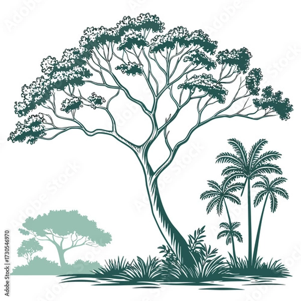 Fototapeta Stylized silhouette of diverse trees and foliage in teal and green tones tree, silhouette, nature, foliage, plant, botanical, illustration, drawing, sketch, outline, vector, graphic, design, art, trop