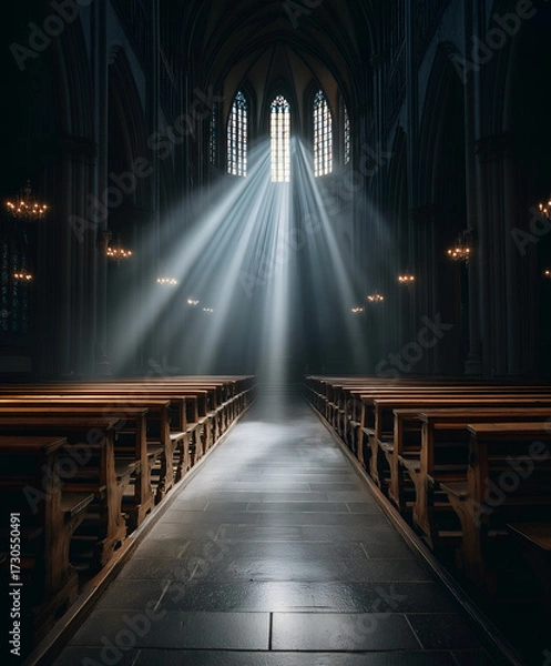 Fototapeta Divine Light Beams Down the Grand Aisle of an Empty Cathedral