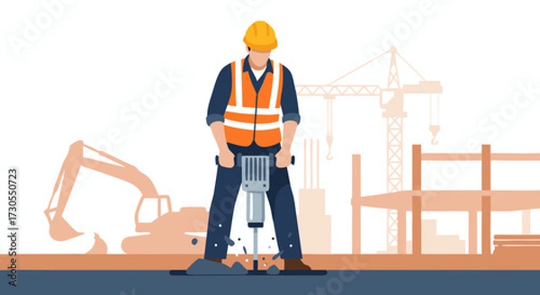 Fototapeta Construction worker operating a jackhammer on a site with heavy machinery and building structures in the background, illustrating hard labor and urban development