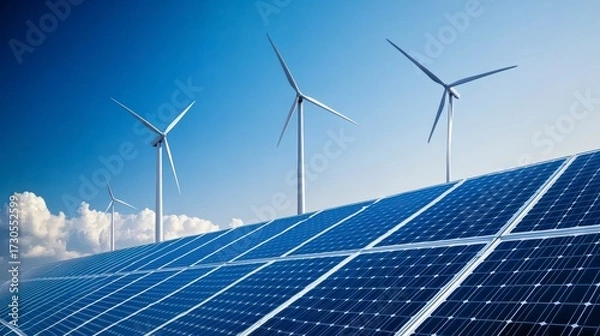 Fototapeta An advanced energy storage system with wind turbines and solar panels in the background, symbolizing sustainable power grid technology for renewable energy flow rendering.