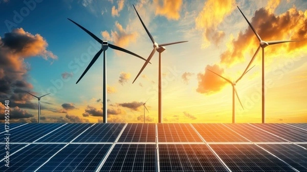 Fototapeta An advanced energy storage system with wind turbines and solar panels in the background, symbolizing sustainable power grid technology for renewable energy flow rendering.