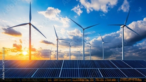 Fototapeta An advanced energy storage system with wind turbines and solar panels in the background, symbolizing sustainable power grid technology for renewable energy flow rendering.