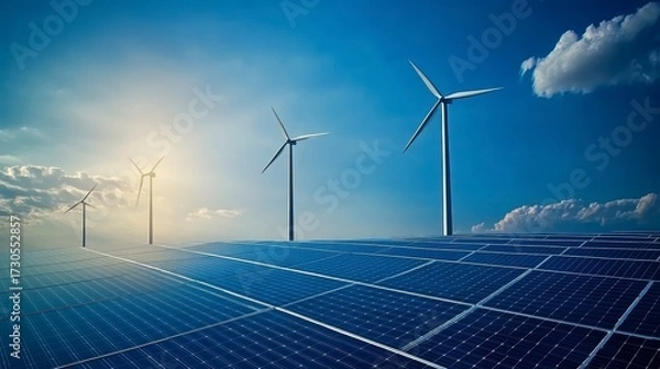 Fototapeta An advanced energy storage system with wind turbines and solar panels in the background, symbolizing sustainable power grid technology for renewable energy flow rendering.