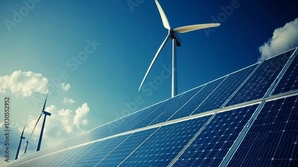 Fototapeta An advanced energy storage system with wind turbines and solar panels in the background, symbolizing sustainable power grid technology for renewable energy flow rendering.