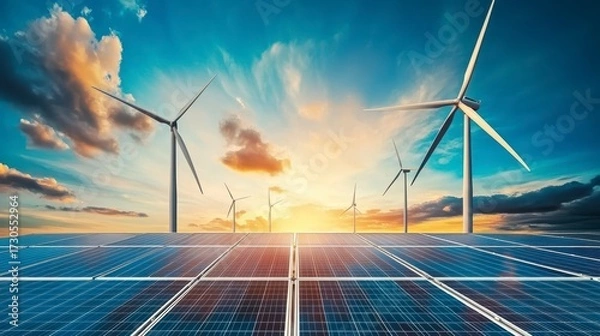 Fototapeta An advanced energy storage system with wind turbines and solar panels in the background, symbolizing sustainable power grid technology for renewable energy flow rendering.