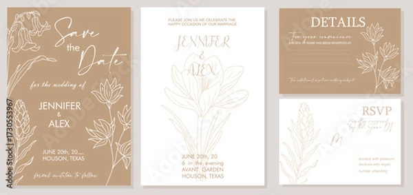 Fototapeta Elegant flat vector wedding invitation set with Save the Date, RSVP, and Details cards. Minimalist botanical design with trendy golden wildflower line art on neutral background