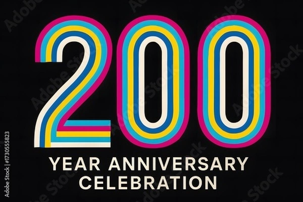 Fototapeta Anniversary 200 year celebration colorful striped numeric two hundred retro vector poster on black background modern typographic banner for corporate milestone invitation editable ai eps highres