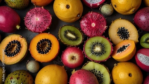 Fototapeta Fresh, colourful fruit and vegetable background with kiwi, orange, lemon, and apple slices for a healthy, juicy diet