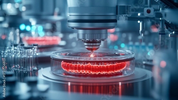 Fototapeta Bioprinter for organ creation. A futuristic bioprinter creating an organ, with glowing layers and intricate mechanical details in a laboratory.