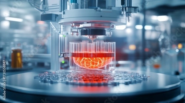 Fototapeta Bioprinter for organ creation. A futuristic bioprinter creating an organ, with glowing layers and intricate mechanical details in a laboratory.