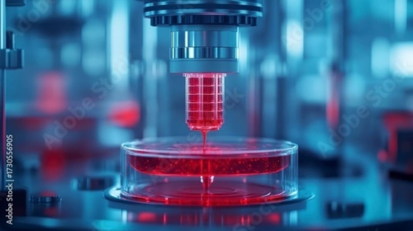 Fototapeta Bioprinter for organ creation. A futuristic bioprinter creating an organ, with glowing layers and intricate mechanical details in a laboratory.
