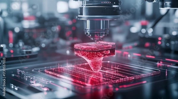 Fototapeta Bioprinter for organ creation. A futuristic bioprinter creating an organ, with glowing layers and intricate mechanical details in a laboratory.