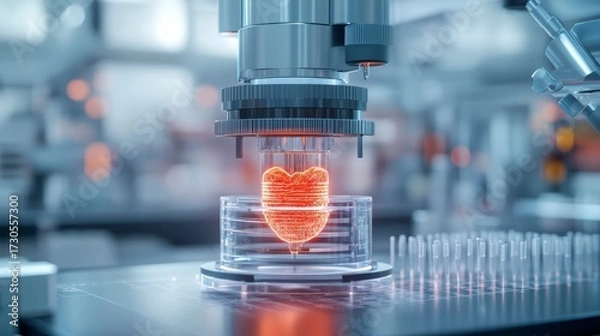 Fototapeta Bioprinter for organ creation. A futuristic bioprinter creating an organ, with glowing layers and intricate mechanical details in a laboratory.