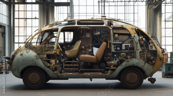 Fototapeta Cross-section of a surreal vintage vehicle with absurd interior design and mechanical parts, in a well-lit industrial space.