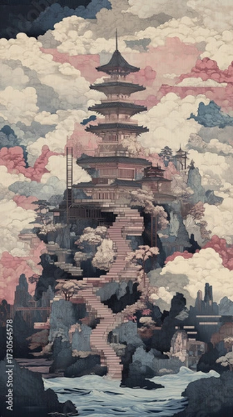 Fototapeta Stylized Japanese architectural landscape in modern ukiyo-e style, featuring a tall pagoda, clouds, and a winding staircase.