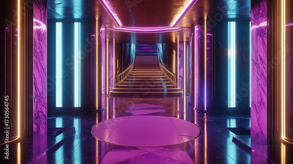 Fototapeta Futuristic neon hallway with glowing stairs and colorful synthwave lighting, featuring vibrant retro-futuristic design.
