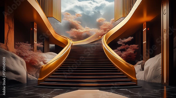 Fototapeta Futuristic staircase merging Japanese architecture with surreal fantasy elements, glowing golden rails and dramatic lighting.