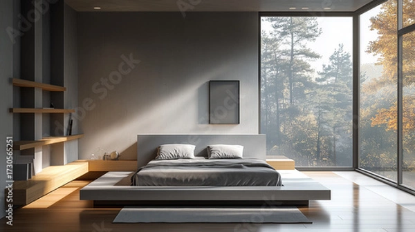 Fototapeta Minimalist and modern master bedroom interior with surreal impossible architecture, warm natural light, and large panoramic windows overlooking autumn forest