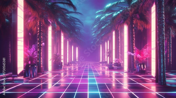 Fototapeta Retro-futuristic neon-lit courtyard lined with palm trees and glowing columns, vibrant synthwave color palette, surreal vaporwave aesthetic