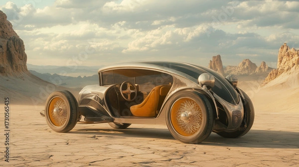 Fototapeta Surreal 1920s-style concept car with melted wheels and elegant chrome body parked in a desert dreamscape