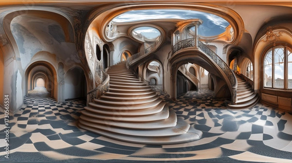 Fototapeta Surreal impossible staircase inside a warped neoclassical interior, dreamlike and distorted Dada style