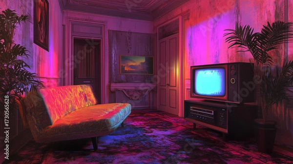 Fototapeta A dreamlike and unsettling living room designed in weirdcore style, featuring a retro television with static screen, vibrant neon lighting, vintage furniture, and eerie atmosphere. Perfect for nostalg