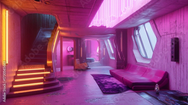 Fototapeta Surreal neon-lit interior with futuristic shapes, magenta lighting and eclectic furniture in a Dada-inspired anti-logic design.