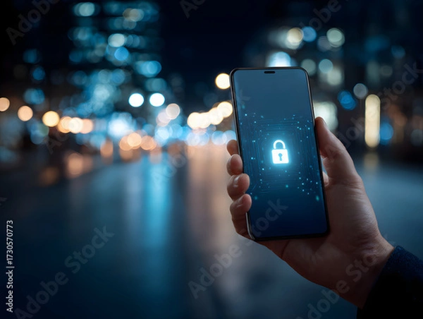 Obraz Hand holding smartphone with glowing lock icon on screen, symbolizing data security and privacy protection, set against blurred city night background