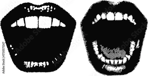 Fototapeta mouth with halftone stipple effect vector for urban design. stipple texture, monochrome photocopy style. Vintage vector illustration for retro music poster with gritty collage noise effect