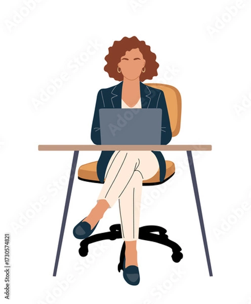 Fototapeta Flat vector illustration of a professional businesswoman in a suit sitting at office desk, working on laptop, front view, isolated on transparent background, modern workplace concept