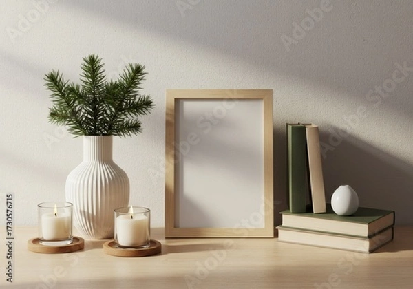 Obraz Serene Still Life: Pine Branch in Ribbed Vase, Lit Candles, and Books with Mockup Frame