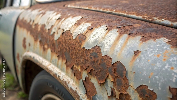 Fototapeta Close up of rust on an old car with peeling paint and corrosion