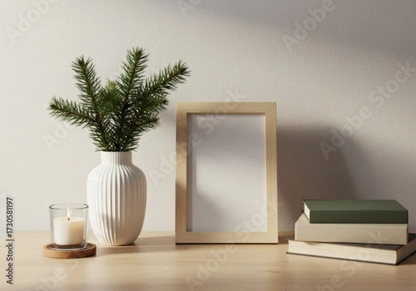 Obraz Serene Winter Still Life: Blank Frame Mockup with Pine, Candlelight, and Books