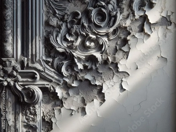 Fototapeta Intricate wall details show distinct textures and patterns in an aged interior with soft light illuminating peeling paint and decorative elements
