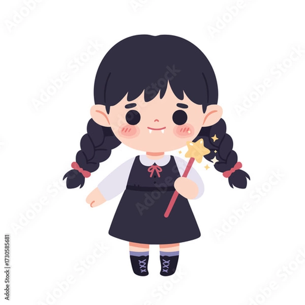 Fototapeta Cute vector illustration of a little girl with a smile holding a flower and a heart design, a happy kid character